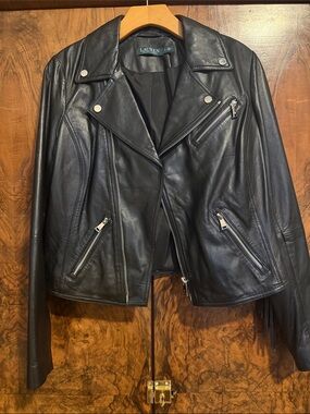 Ralph Lauren Black lambskin Leather Asymmetrical Motorcycle fringe jacket